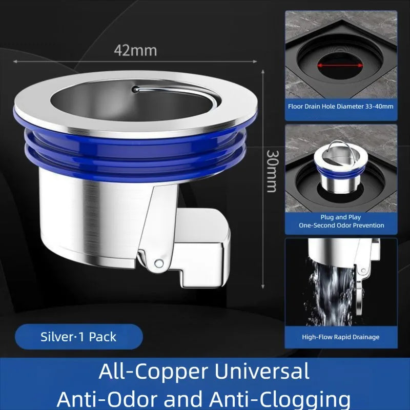 Toilet Shower Copper Floor Drain Core Anti Odor and Insect Repellent Device Springboard Self Sealing Core Bathroom Accessories Peaceful Pleasures Health and Wellness Silver