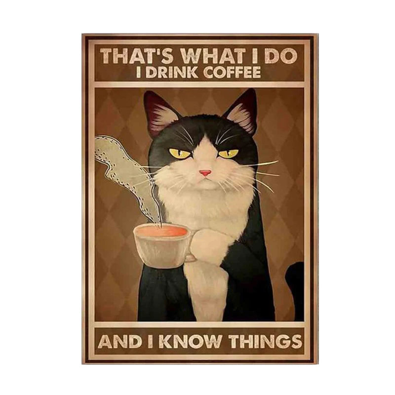 Funny Black Cat Coffee Canvas Wall Art | Retro Cat Poster