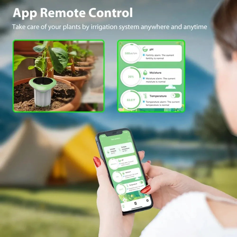 Smart WiFi Solar Soil Tester Moisture Temperature Humidity Sensor Meter Tuya APP Timer Monitor with Battery for Garden Lawn Peaceful Pleasures Health and Wellness