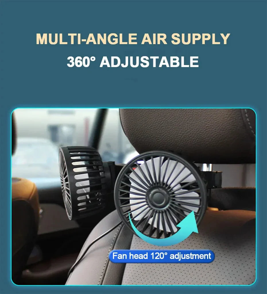 Car Seat Back Cooling Fan – 3-Speed USB Dual Head 360° Rotation