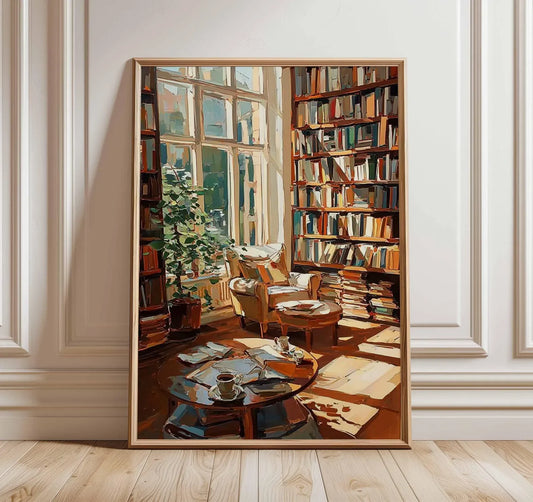 Cozy Reading Room Art Print | Impressionist Library Poster | Book Lover Wall Art | Warm Home Decor | Rustic Study Painting Style Peaceful Pleasures Health and Wellness WS113010 20x30cm Unframed