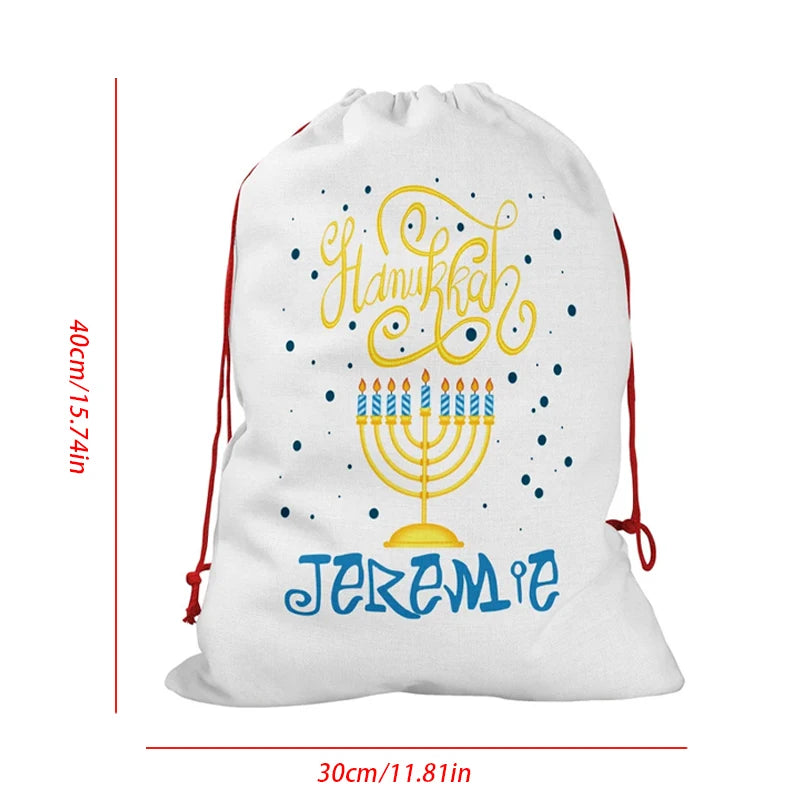 Personalized Hanukkah Drawstring Gift Bag | Gold Menorah Design Holiday Gift Bag Peaceful Pleasures Health and Wellness