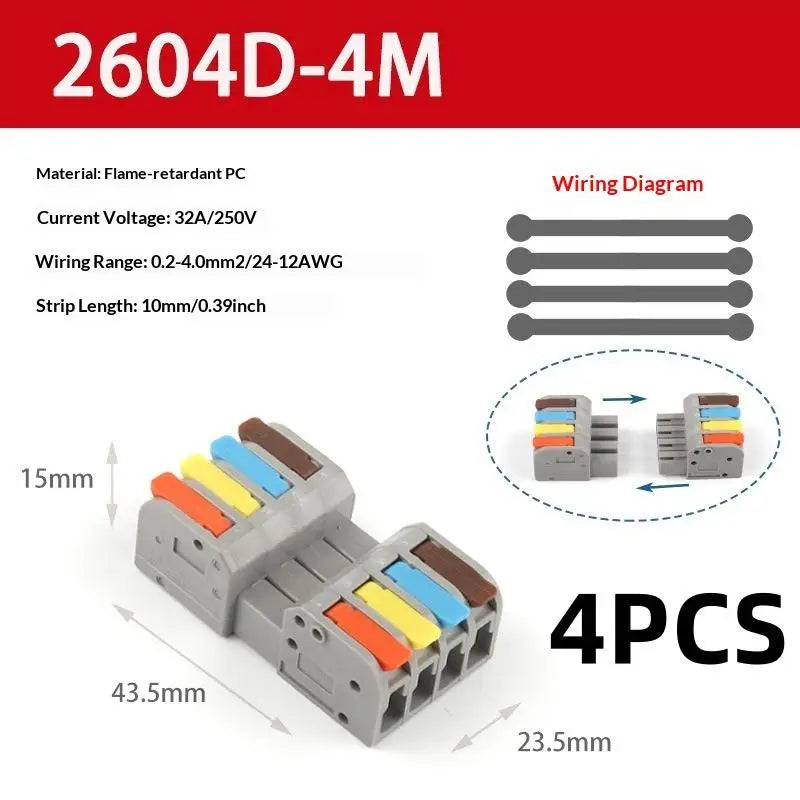 2/4Pcs Universal Compact Electrical Wiring Connectors Push-in Butt Conductor Terminal Block Docking Mini Quick Wire Connector Peaceful Pleasures Health and Wellness 2604D 5M 4pcs