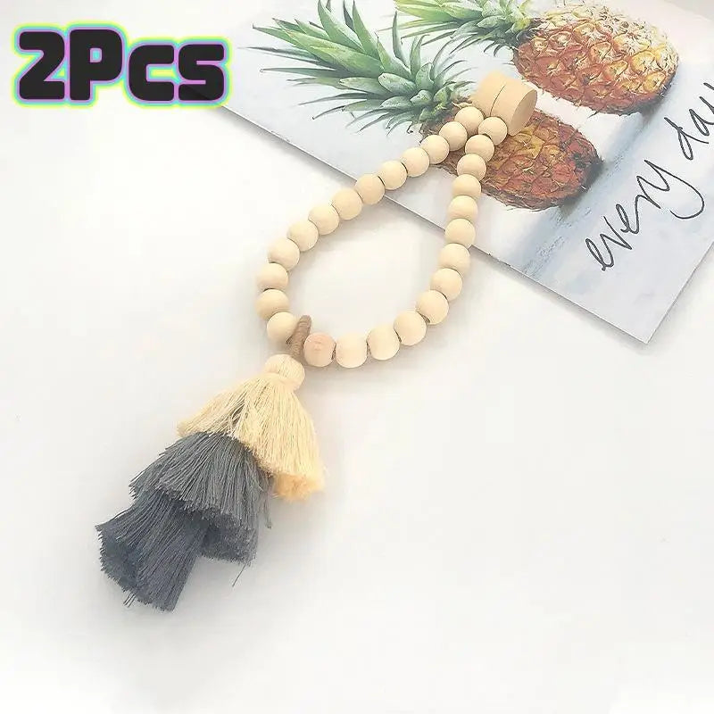 Bohemian Wooden Bead Curtain Tie Backs with Tassel & Magnet – 2Pcs Curtain Tie Backs Peaceful Pleasures Health and Wellness Gray