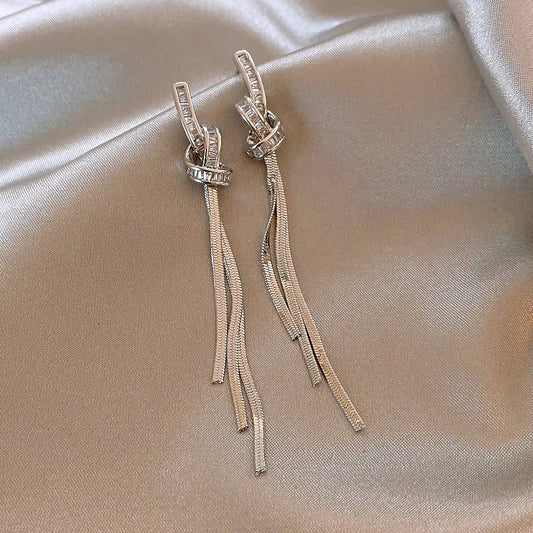 Long Diamond Studded Tassel Earrings Light Luxury Knotted Gold Silver Peaceful Pleasures Health and Wellness