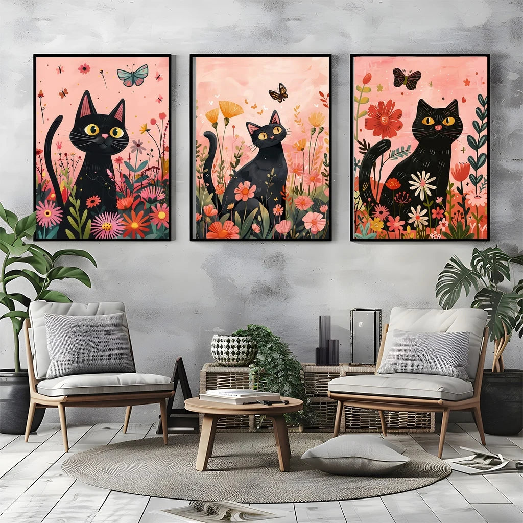 Nordic Wall Art Cute Black Cat Playing with Flowers Canvas Painting Modern Style Poster Prints Bedroom Living Room Wall Decor Peaceful Pleasures Health and Wellness