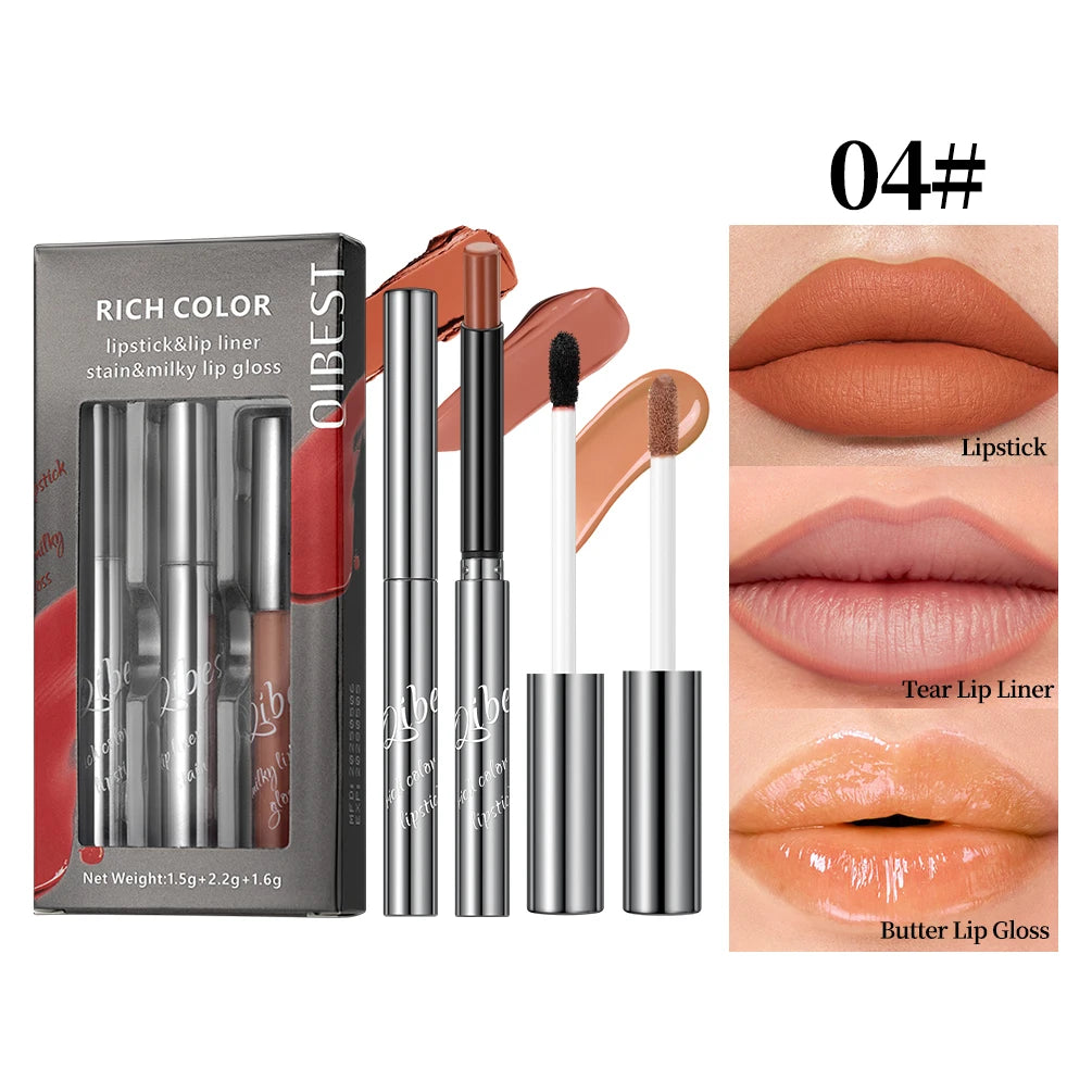 QIBEST New 3pcs Liquid Lipstick + Lip Liner +Lip Glaze Makeup Set Nude Black Velvet Lip Gloss Tint Long Lasting Cosmetics Kits Peaceful Pleasures Health and Wellness SET 04