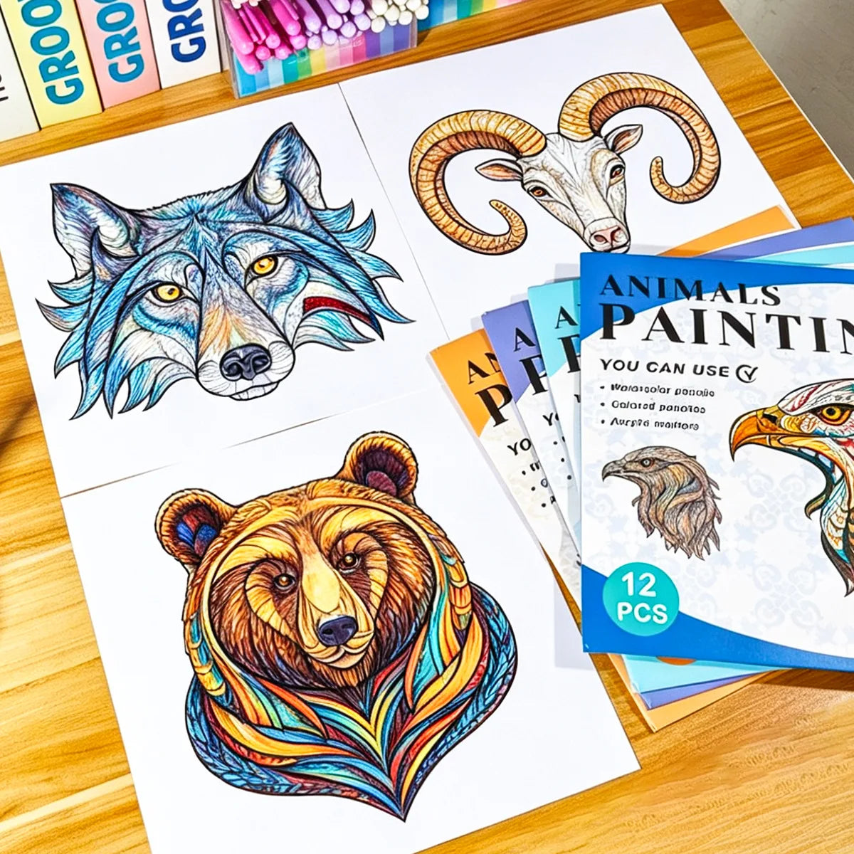 12 Page Animal Drawing Book Puzzle Watercolor Graffiti Adult Students