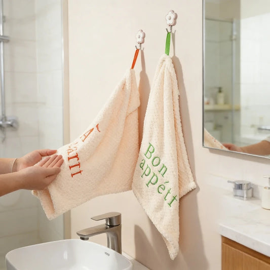 1pc Nordic Hanging Home Embroidery Design Thickened Coral Fleece Absorbent Kitchen and Bathroom Handkerchief Peaceful Pleasures Health and Wellness
