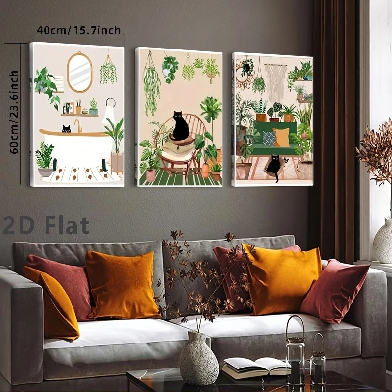 3-Piece Black Cat & Green Plant Canvas Wall Art Print Set