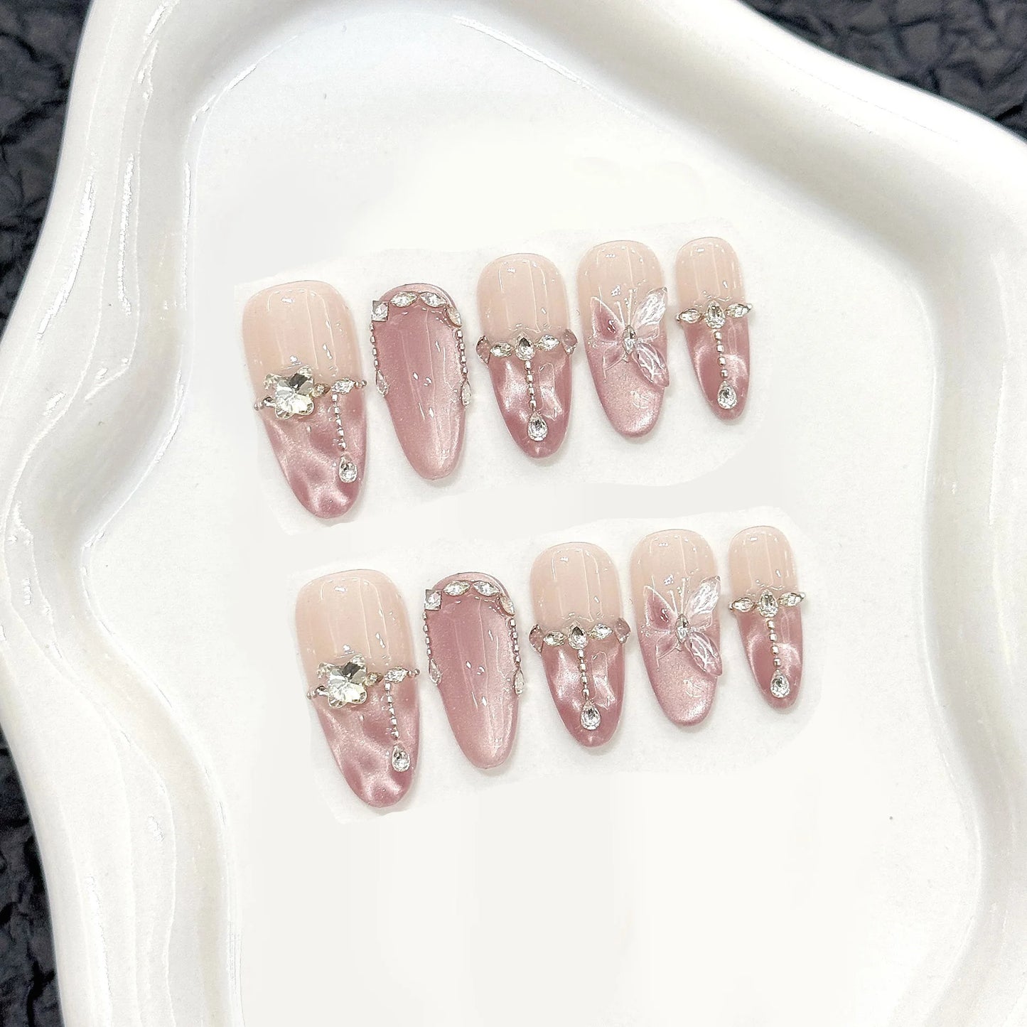 10pcs Handmade Press on Nails Pink Butterfly Design Fake Nails Wearable Reusable Glitter Cat Eye Sweet Korean False Nail Tips Peaceful Pleasures Health and Wellness XS 1