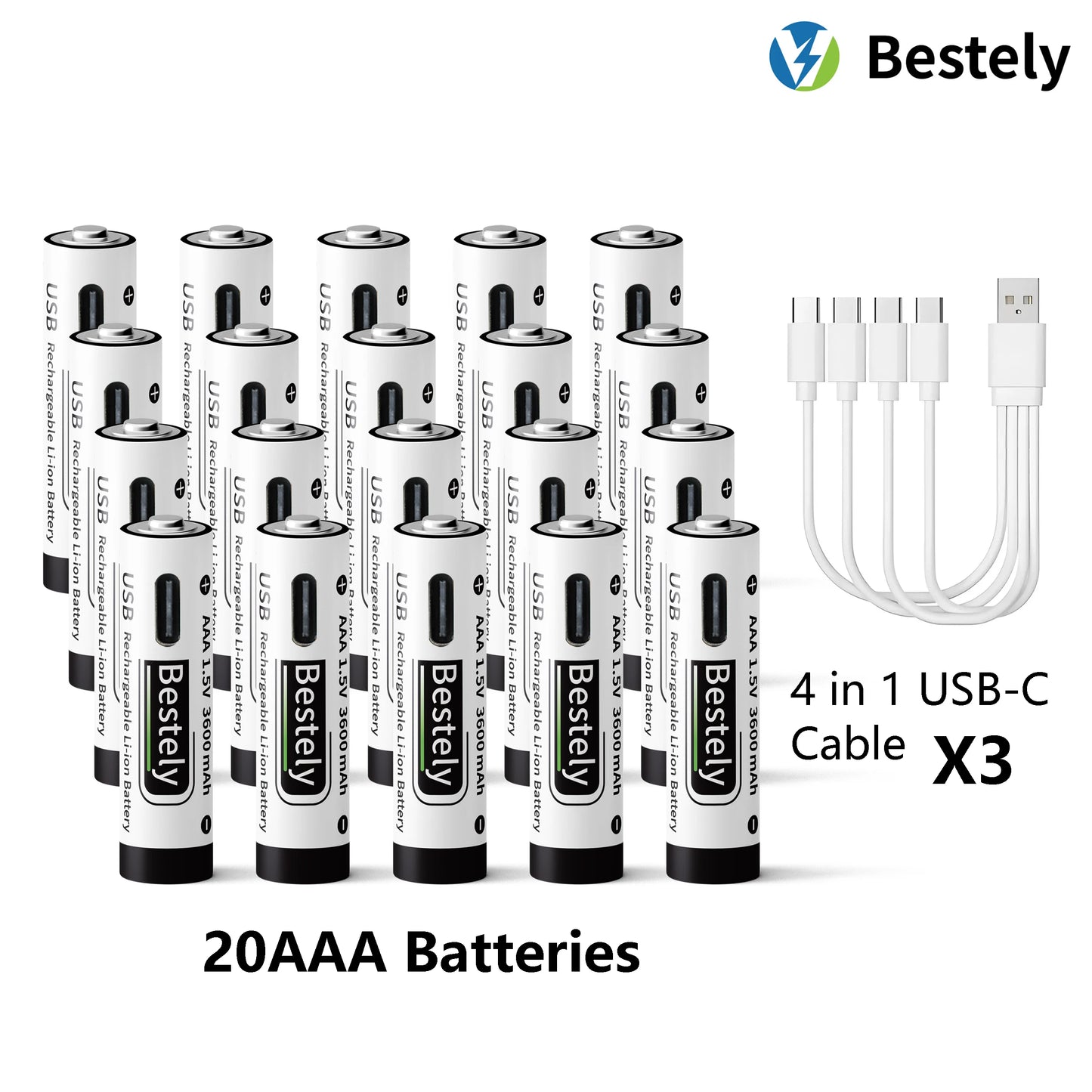 AAA Battery Rechargeable Li-Ion 1.5V 3600mAh 2000 Cycles USB-C Fast Charging Long-Lasting with free USB- C Cable Peaceful Pleasures Health and Wellness 20 pcs Batteries