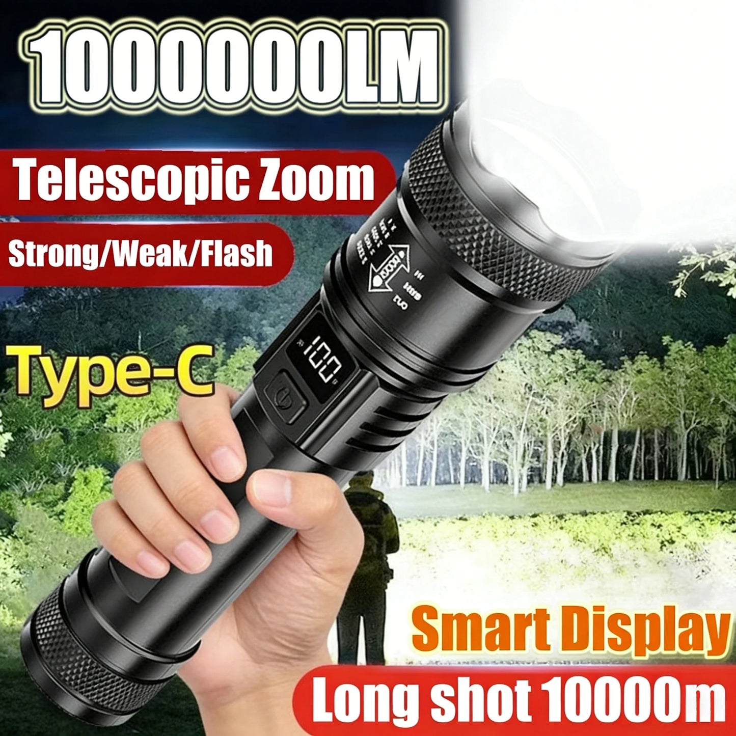Tactical LED Flashlight 2000LM Zoom Torch | USB Rechargeable