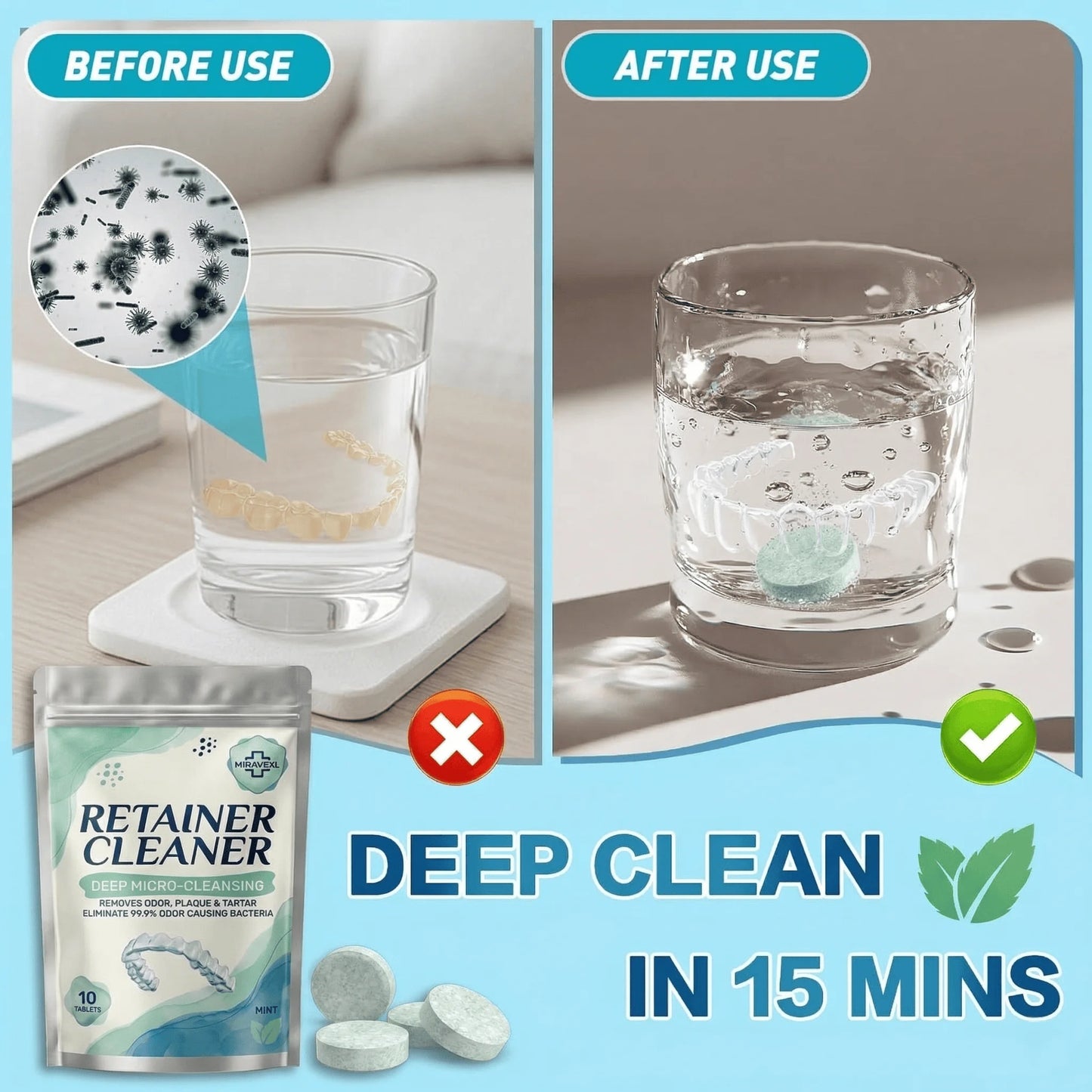 MIRAVEXL Denture Retainer Cleaner Tablets Orthodontic Braces Aligner Mouth Night Guard False Teeth Whitening Plaque Removal Peaceful Pleasures Health and Wellness