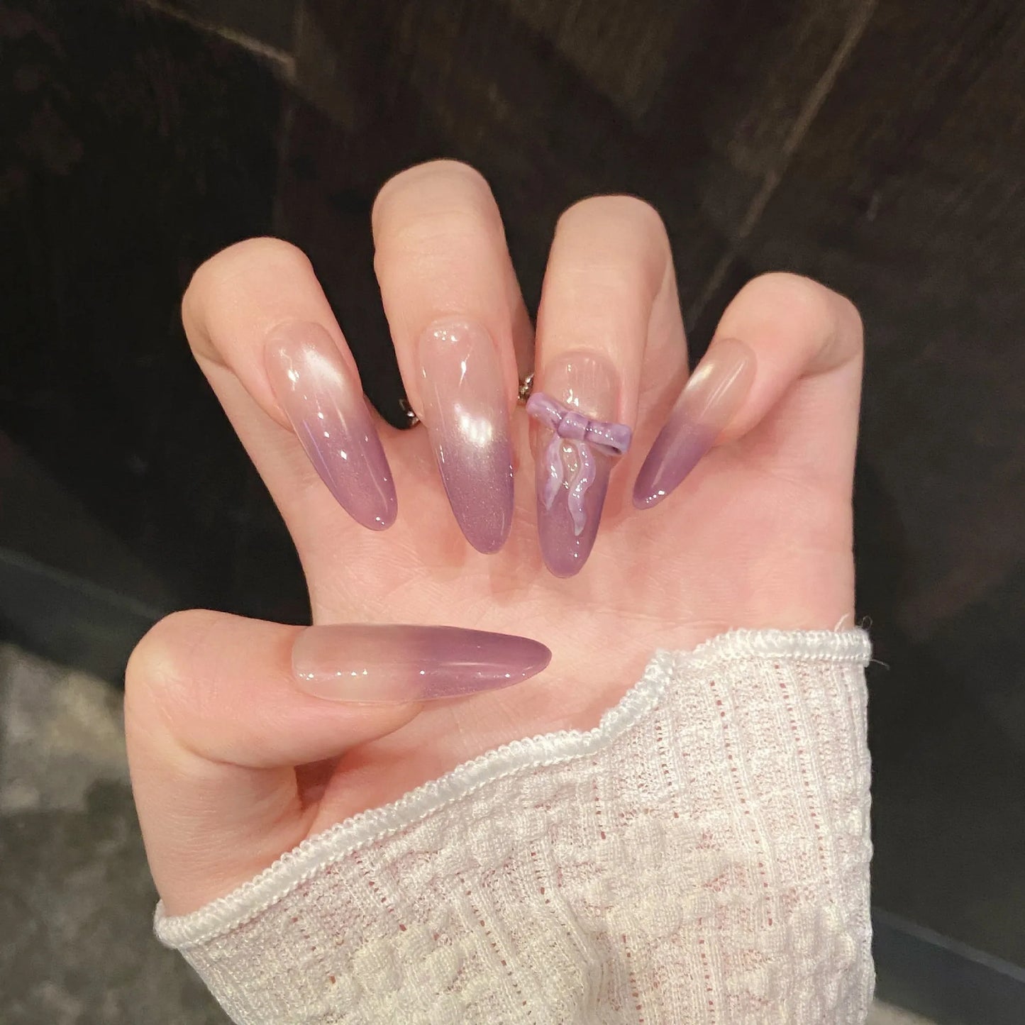 10pcs Handmade Purples French Press on Nails Sweet Korean Bow Fake Nails Full Cover Wearable Glitter Cat Eye False Nail Tips Peaceful Pleasures Health and Wellness L