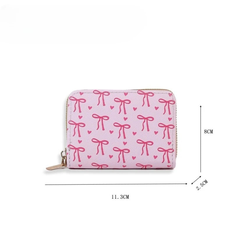 Korean style Multi-slots Zipper Mini Coin Purse Pink Sweet Bowknot Card Holder Women Girls PU Leather Portable Travel Wallet Peaceful Pleasures Health and Wellness