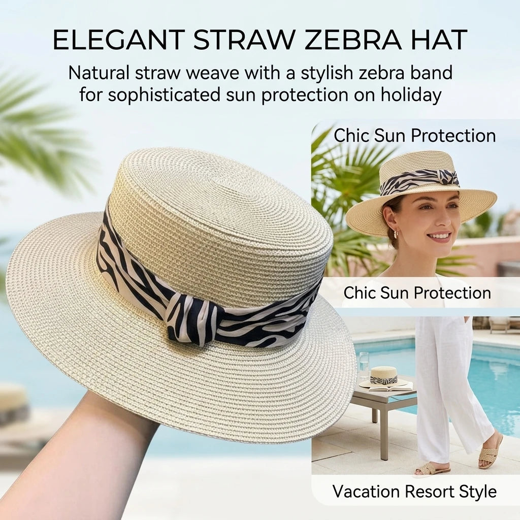 Women's Flat Top Panama Hat Summer French Retro Zebra-Print Straw Sun Hat Outdoor Resort Wide Brim Sun Protections Hat Peaceful Pleasures Health and Wellness
