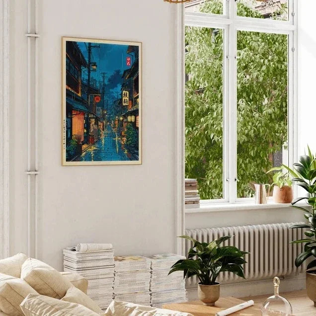 Japanese Tokyo Teahouse Cartoon Canvas Print Anime City Street Cafe Scene Wall Art Poster for Modern Living Room Home Decor Gift Peaceful Pleasures Health and Wellness