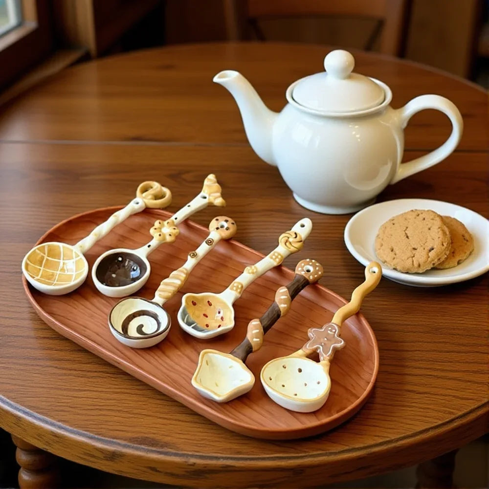 High Aesthetic Ceramic Long Handled Spoon Cute Baking Bread and Biscuit Design Household Rice Spoon Soup Spoon Underglaze Color Peaceful Pleasures Health and Wellness