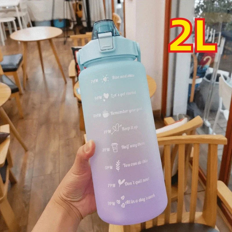 2L Motivational Sports Water Bottle with Time Marker & Straw