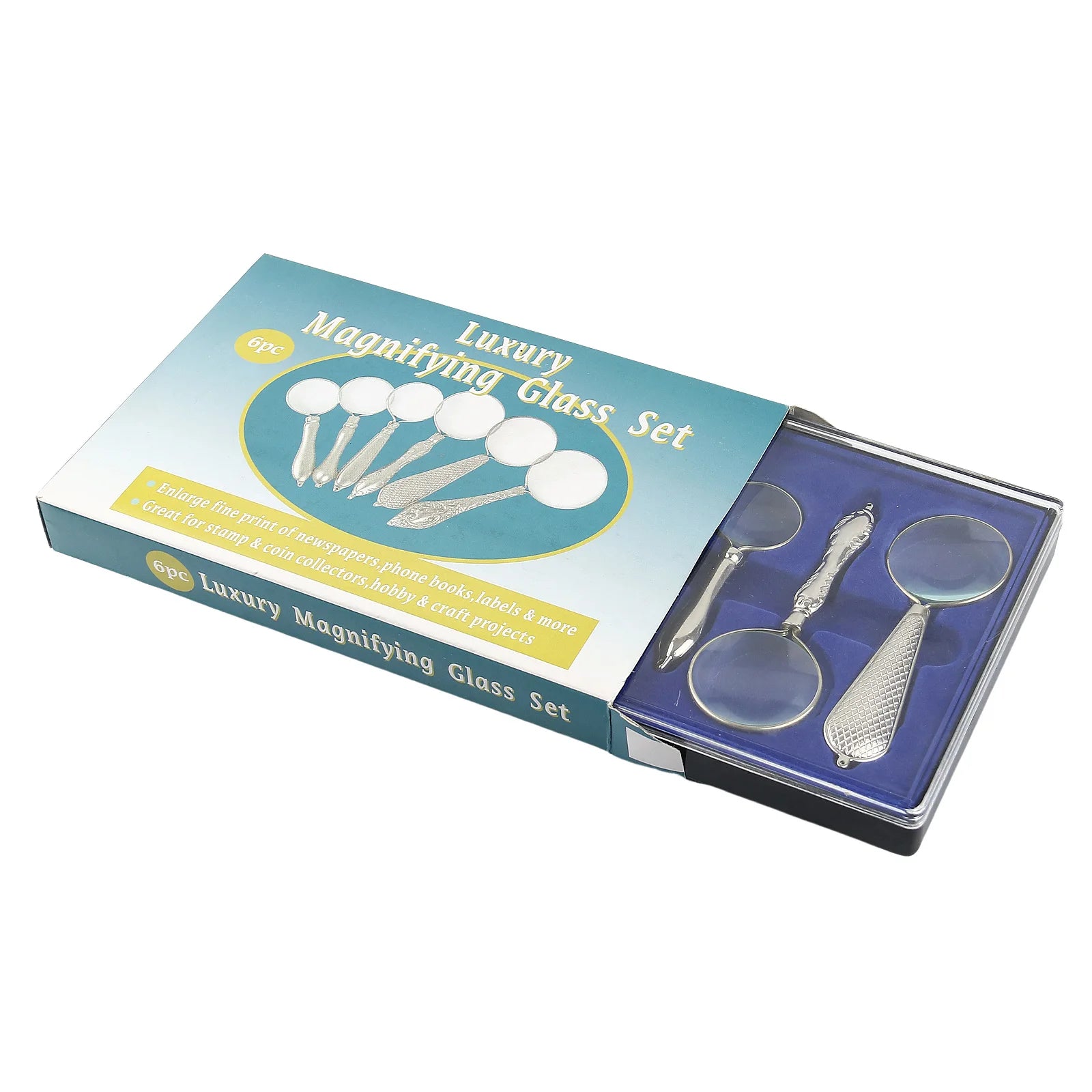 All Metal Magnifier Six Piece Gift Box Set with 6 Magnifying Glasses of Different Sizes and Multiples Peaceful Pleasures Health and Wellness