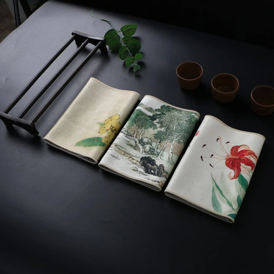1pc Kung Fu Tea Towel with Ancient Style Thick and Absorbent Multifunctional High-end Painted Tea Cloth Peaceful Pleasures Health and Wellness