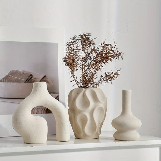 3pcs Bohemian Ceramic Vase Set Modern Minimalist Round & Donut Shape Geometric Pattern Perfect For Fashion Home Decoration Peaceful Pleasures Health and Wellness