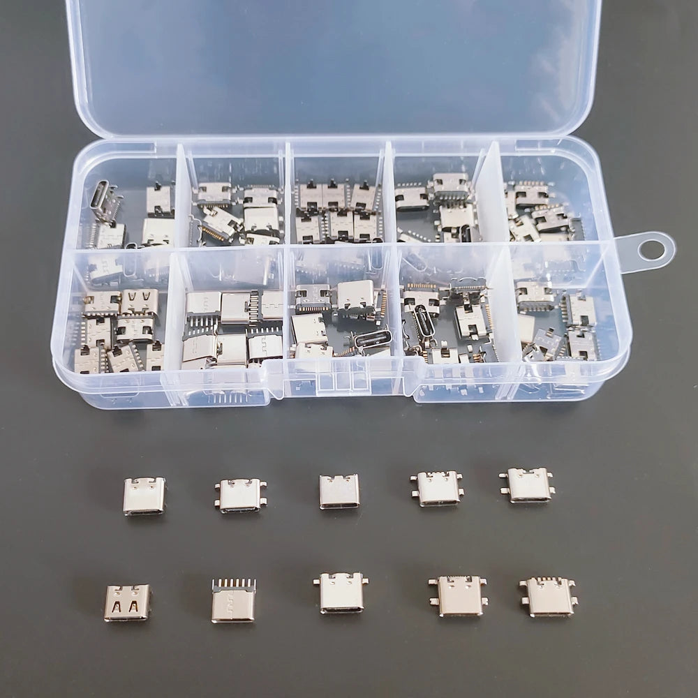 100PCS/Box 10Models Type-C USB Charging Dock Connectors Mix 6Pin and 16Pin Use for Phone and Digital Product Repair kit Peaceful Pleasures Health and Wellness Default Title