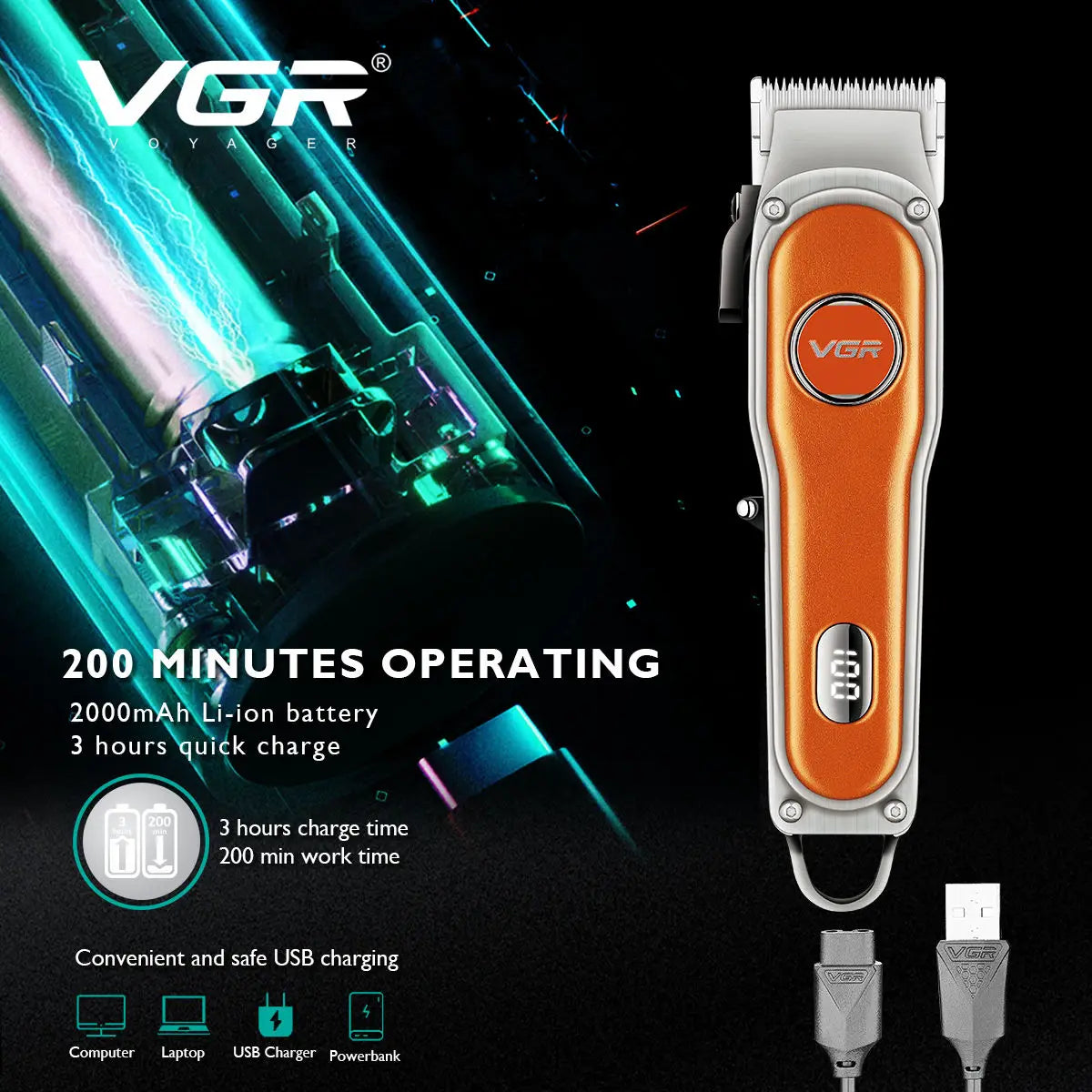 VGR 673 Hair Clipper Professional Clipper Hair Trimmer Vintage Haircutting Machine LED Display Electric Barber Trimmer for Men Peaceful Pleasures Health and Wellness