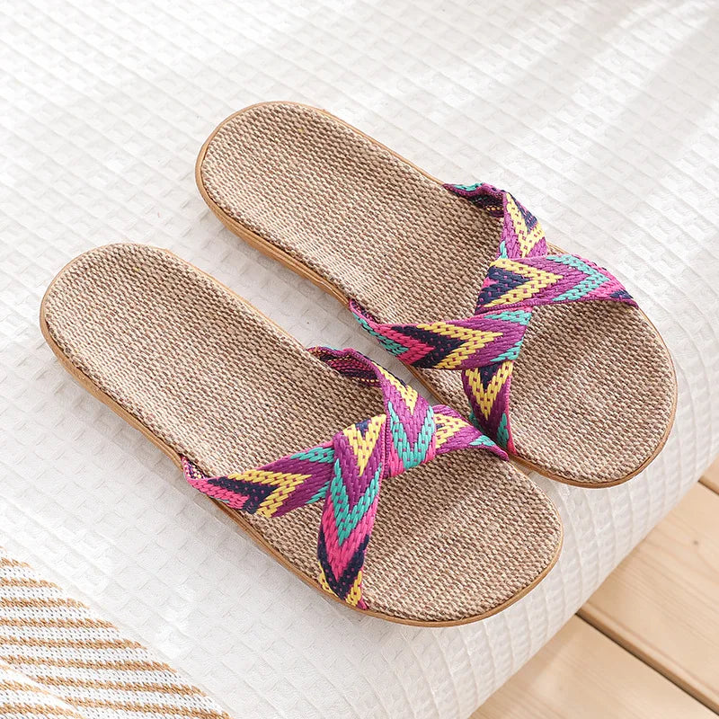 Women's Crossed Linen Flat Slippers – Indoor Beach Sandals