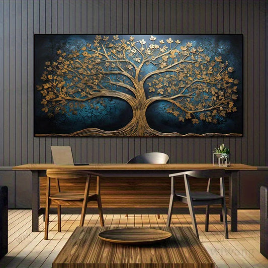 Abstract Tree of Life Canvas Wall Art – Gold & Navy Blue Canvas Wall Art Peaceful Pleasures Health and Wellness ZLH4806 90x180cm No Frame