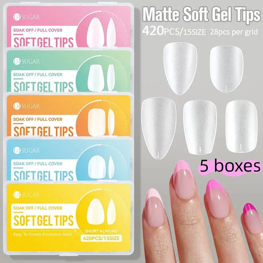 100/420Pcs Matte Soft Gel Tips Full Cover False Nail Tips Press On Acrylic Nails Short Almond Coffin Artificial Nails Extension Peaceful Pleasures Health and Wellness