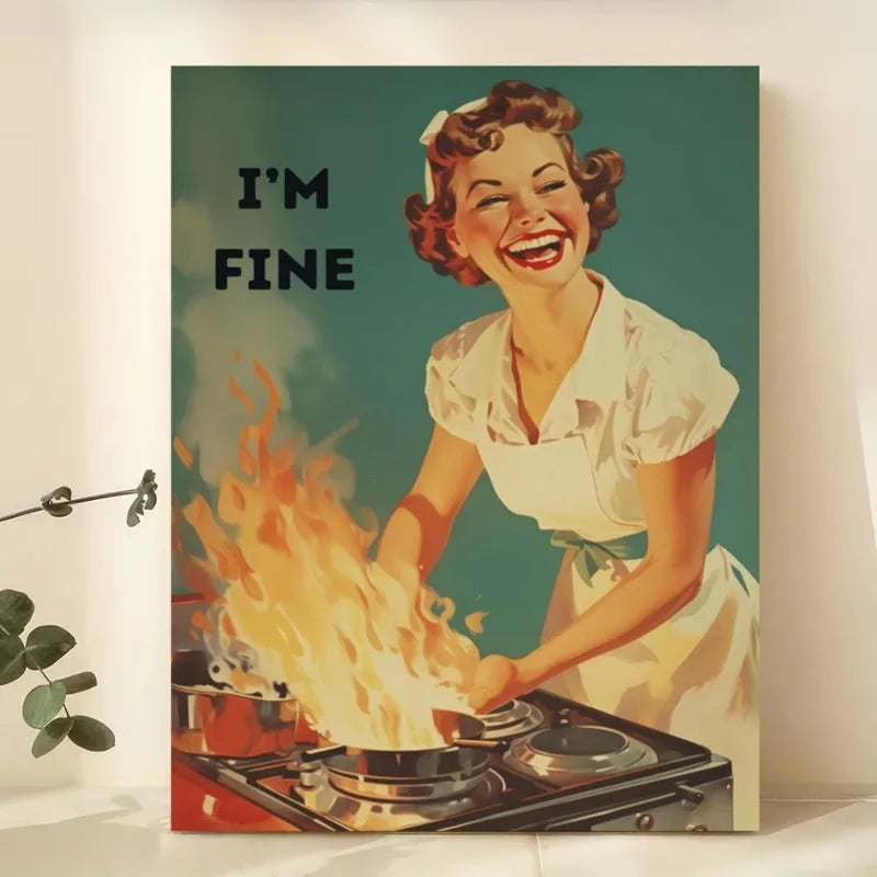 Vintage-Inspired Cartoon Kitchen Wall Art Retro 50s Cooking Housewife Poster, Frameless Canvas Print for, Kitchen Indoor Artwork Peaceful Pleasures Health and Wellness