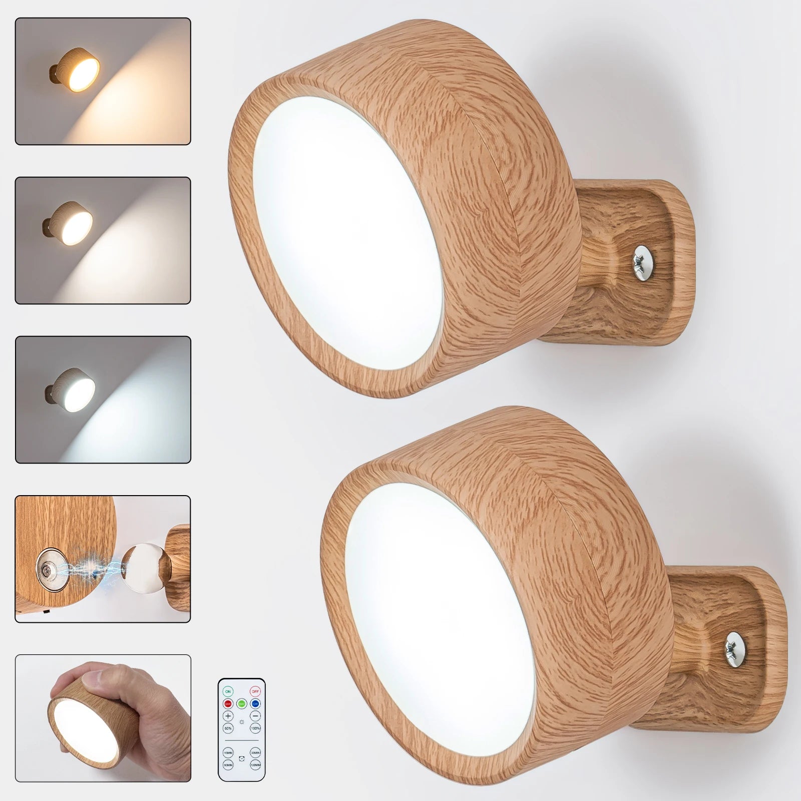 GGbingo LED Magnetic Wall Sconce Lights Dimmable Wall Mounted Lights with Remote, 360° Rotation Wall Mount Lamp for Bedroom Peaceful Pleasures Health and Wellness 2PCS Wooden 3000-4000-6000k