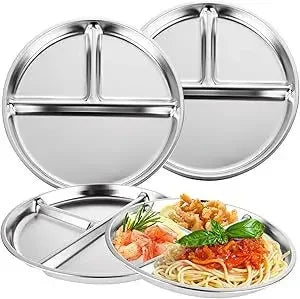 23CM Creative Round Stainless Steel 3 Grid Durable Dinner Plate Serving Tray For Kids Student Quantitative Proportion Meal Plate Peaceful Pleasures Health and Wellness