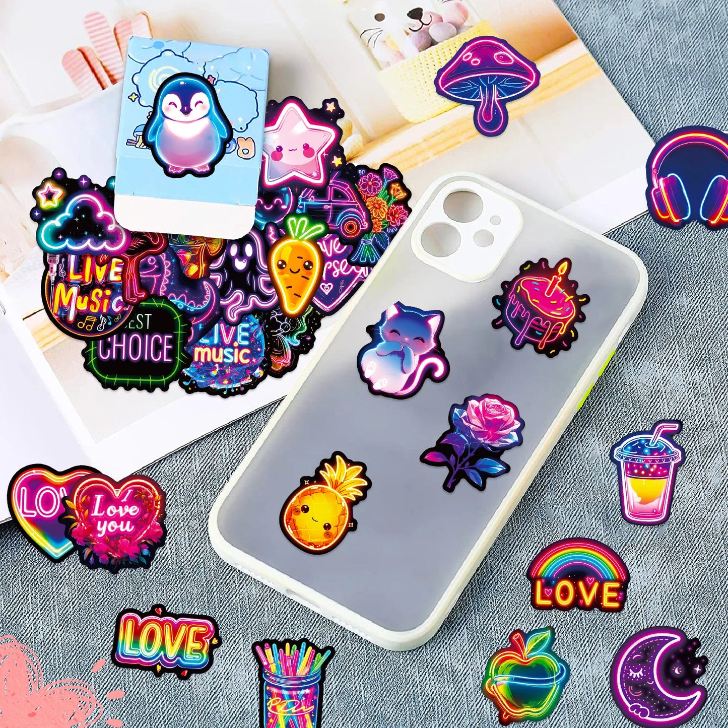 50-Pack Waterproof Sticker Sheets Vibrant Neon Glow Designs Luggage