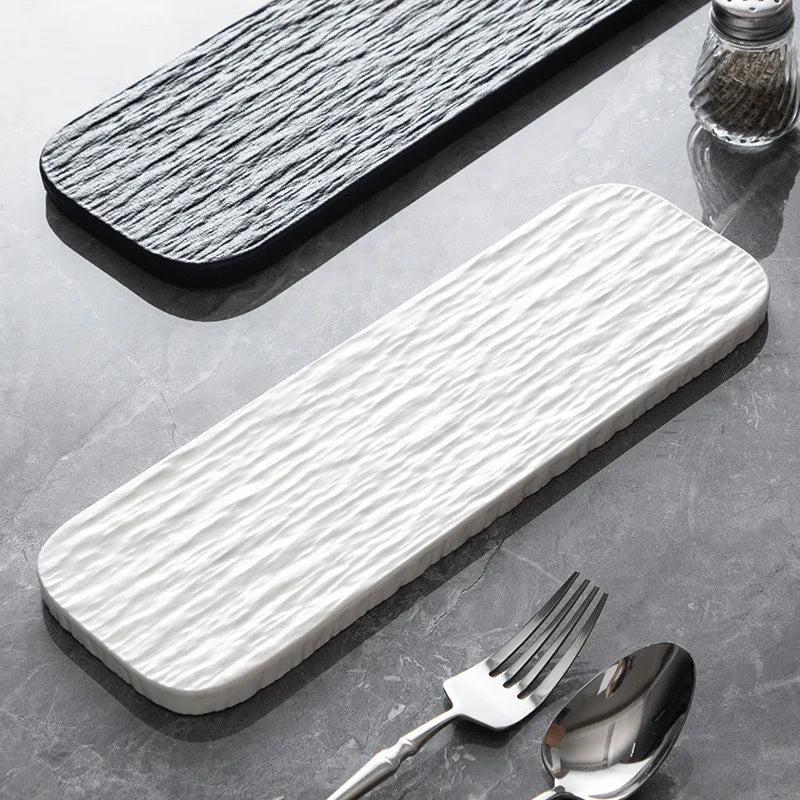 10-inch White and Black Stone Grain Rectangle Flat Tray for Hotel layout Plates Restaurant Ceramic Serving Sushi pastry plate Peaceful Pleasures Health and Wellness