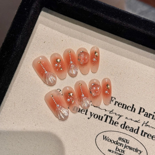 Handmade Press on Nails Orange Aurora Cat Eye Fake Nail Tips for Women Girl Wearable Detachable Shiny Mermaid Almond False Nails Peaceful Pleasures Health and Wellness M