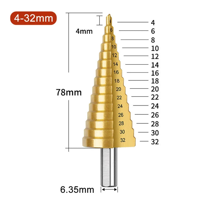 Straight Groove Step Drill Bit HSS Titanium Coated Wood Metal Hole Cutter Core Drilling Tools Set 4 Models 3-12 4-12 4-20 4-32 Peaceful Pleasures Health and Wellness 4-32 Step Drill Bit Hexagonal