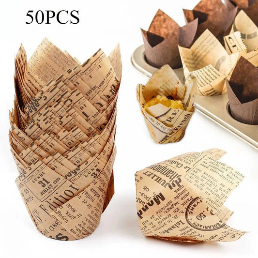 50pcs Newspaper Style Tulip Cupcake Liners | Baking Cups Cupcake Liners Peaceful Pleasures Health and Wellness