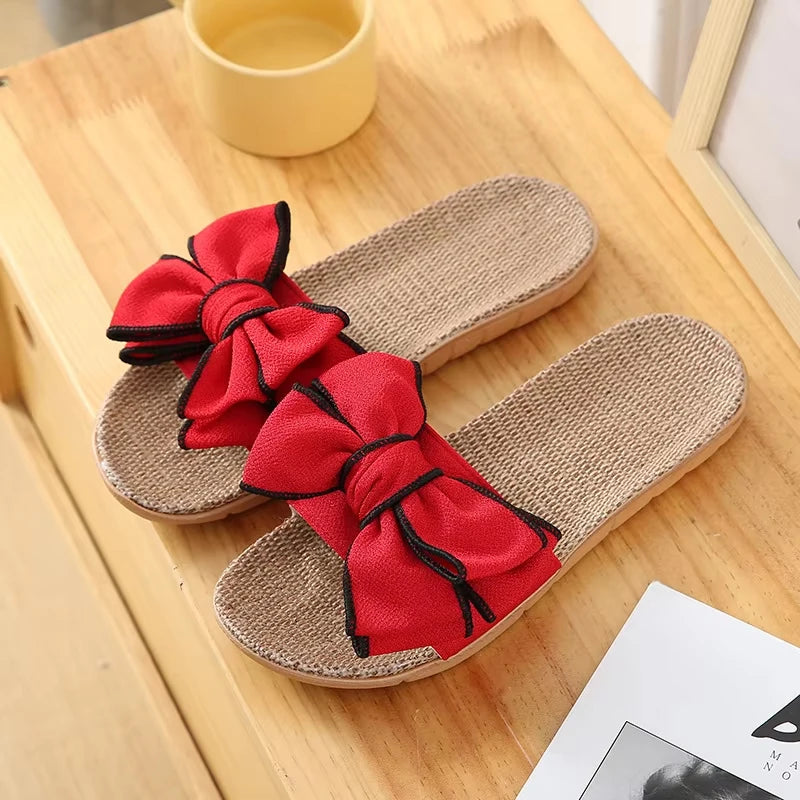 Women's Linen Bow Slides – Summer Indoor Slippers & Sandals