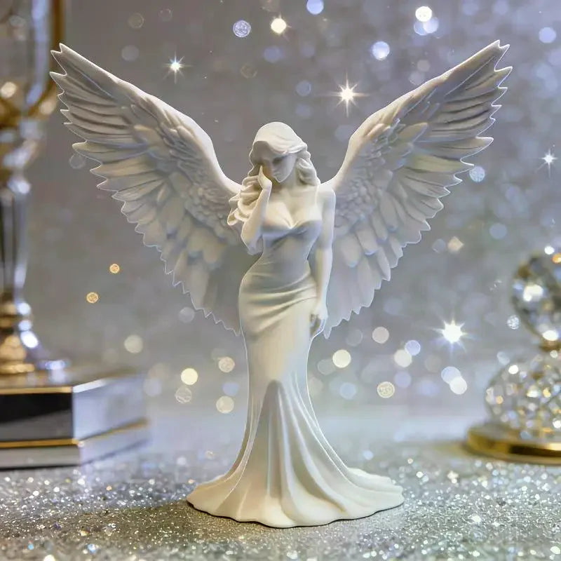 3D Printed Praying Angel Statue | White Gold Guardian Figurine