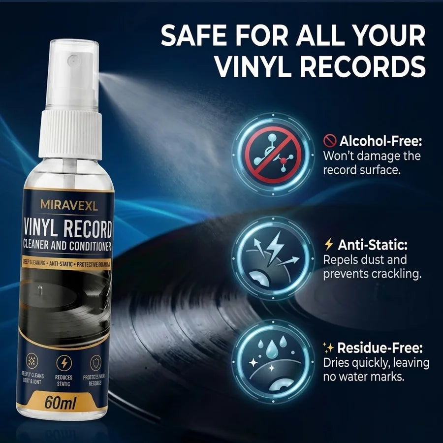 MIRAVEXL Vinyl Record Cleaning Kit – 60ml Spray & Anti-Static Brush