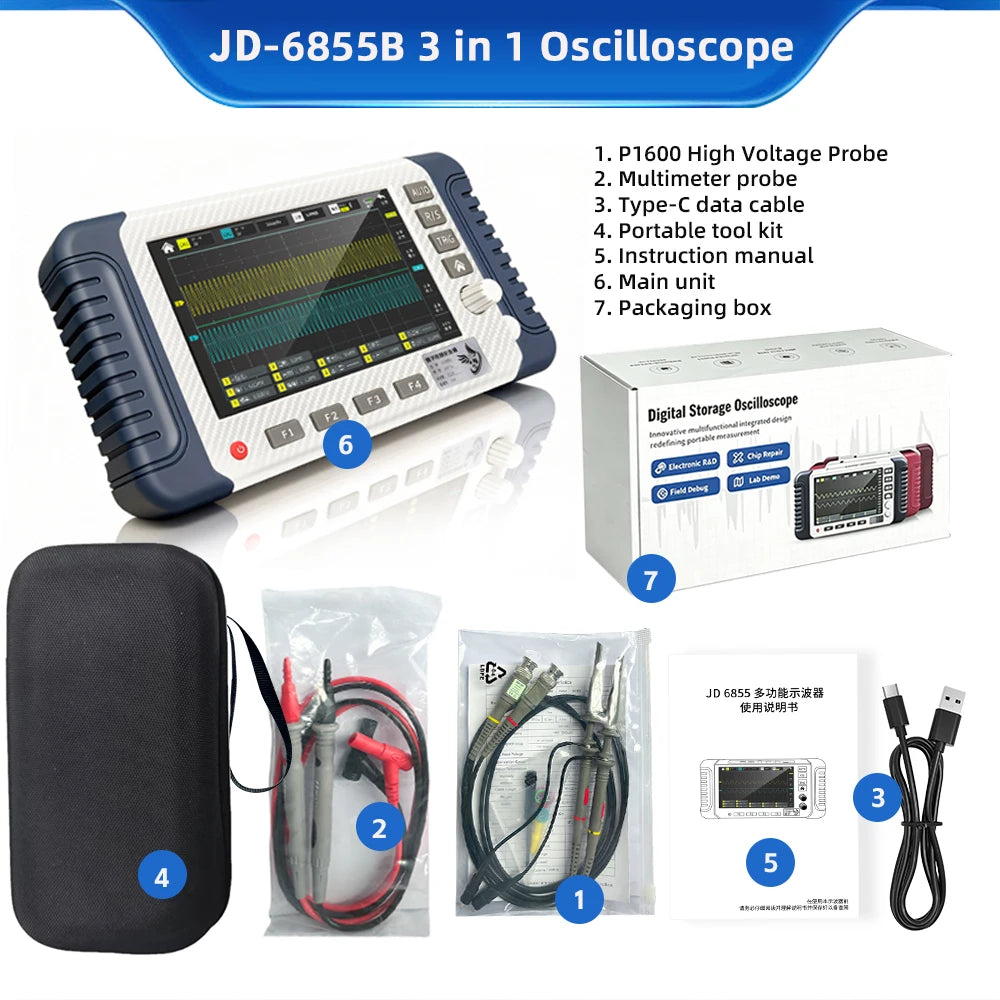 JD-6855B 3-in-1 Handheld Oscilloscope Multimeter DDS Signal Generator Dual Channel 100MHz 1GSa/s Sampling Rate Peaceful Pleasures Health and Wellness Standard Kit