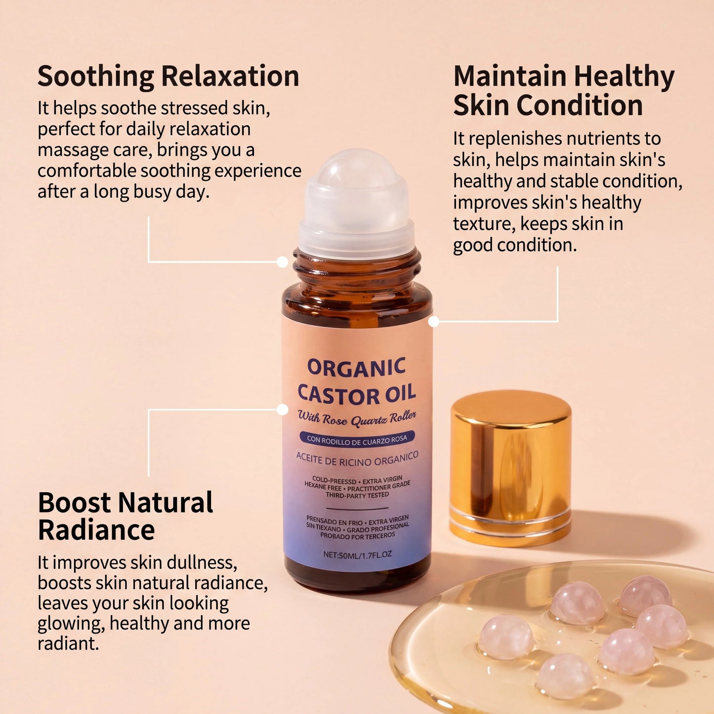 Organic Castor Oil with Rose Quartz Roller – Cold Pressed 50ml