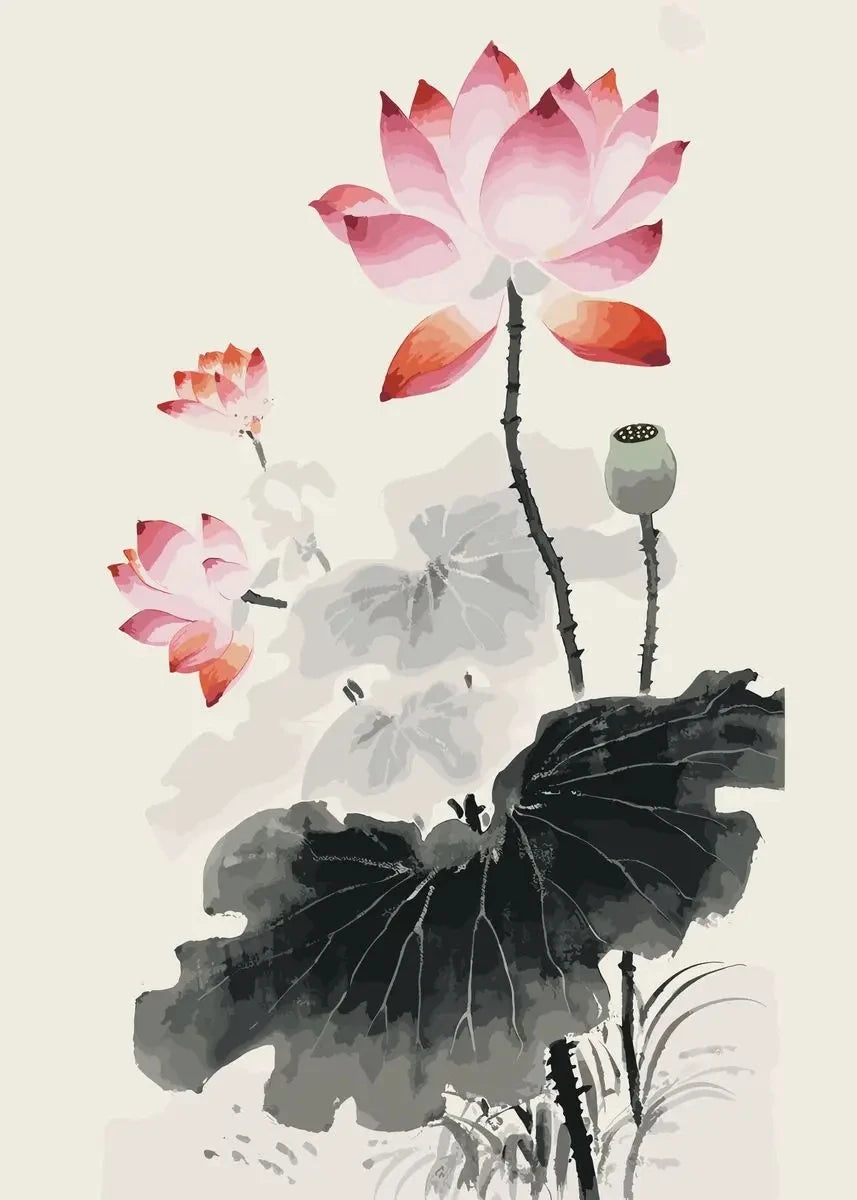 Chinese Lotus Flower Canvas Wall Art Print | Unframed Poster