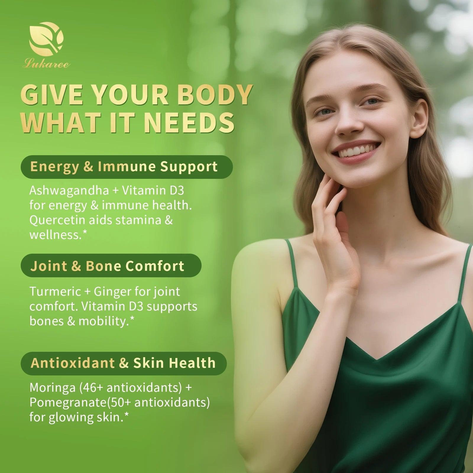 Woman in a green dress with health benefits text on a green background