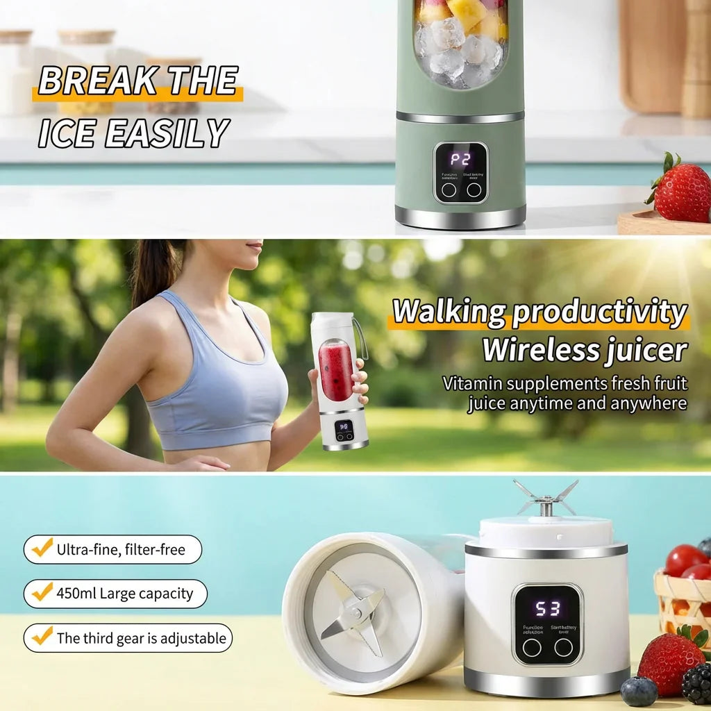 Mini Electric Juicer Cup 450ml – Digital Display & Crushed Ice