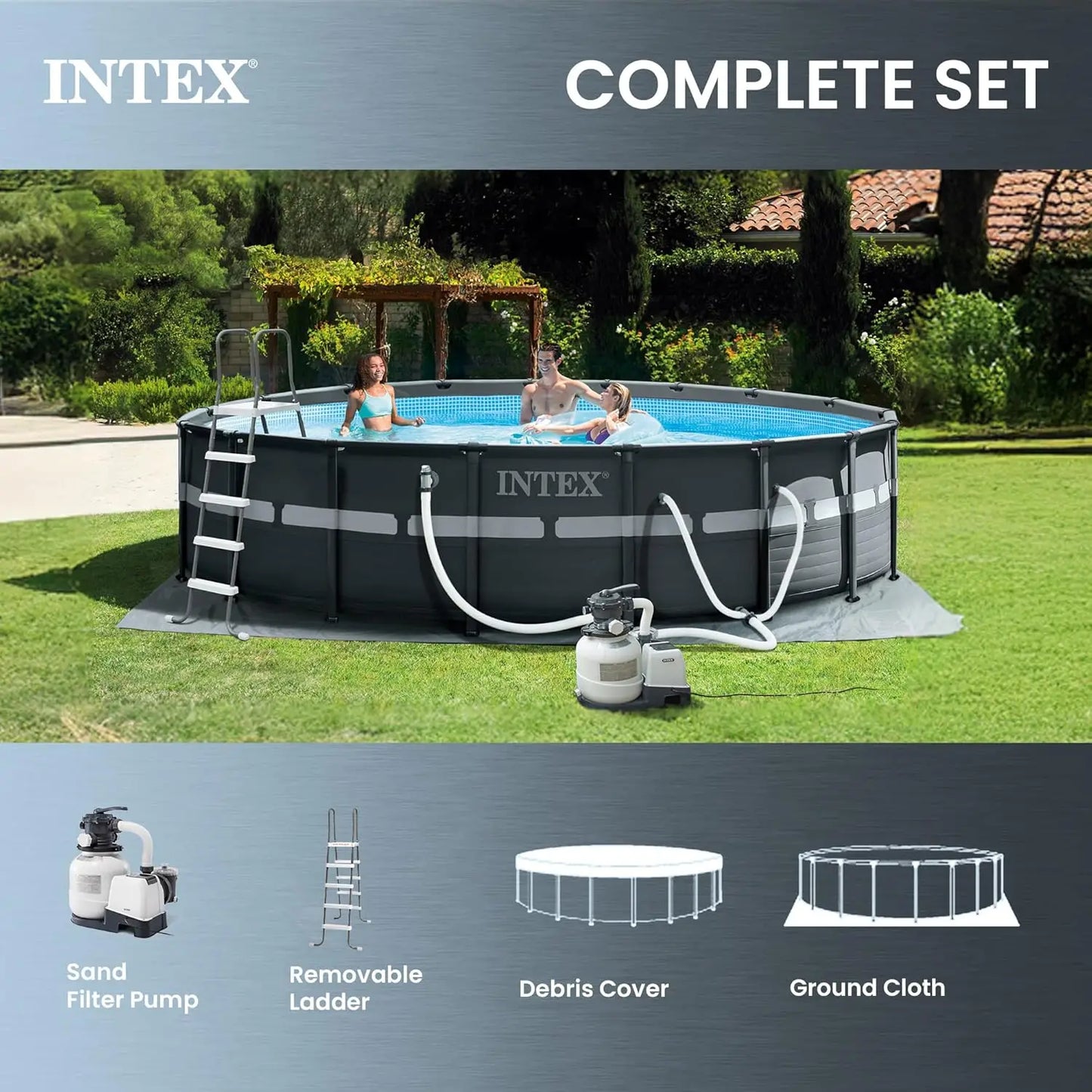 26329EH Ultra XTR 18ft x 52in Above Ground Swimming Pool Set with Sand Filter Pump and Cleaning Maintenance Kit, Custom Peaceful Pleasures Health and Wellness