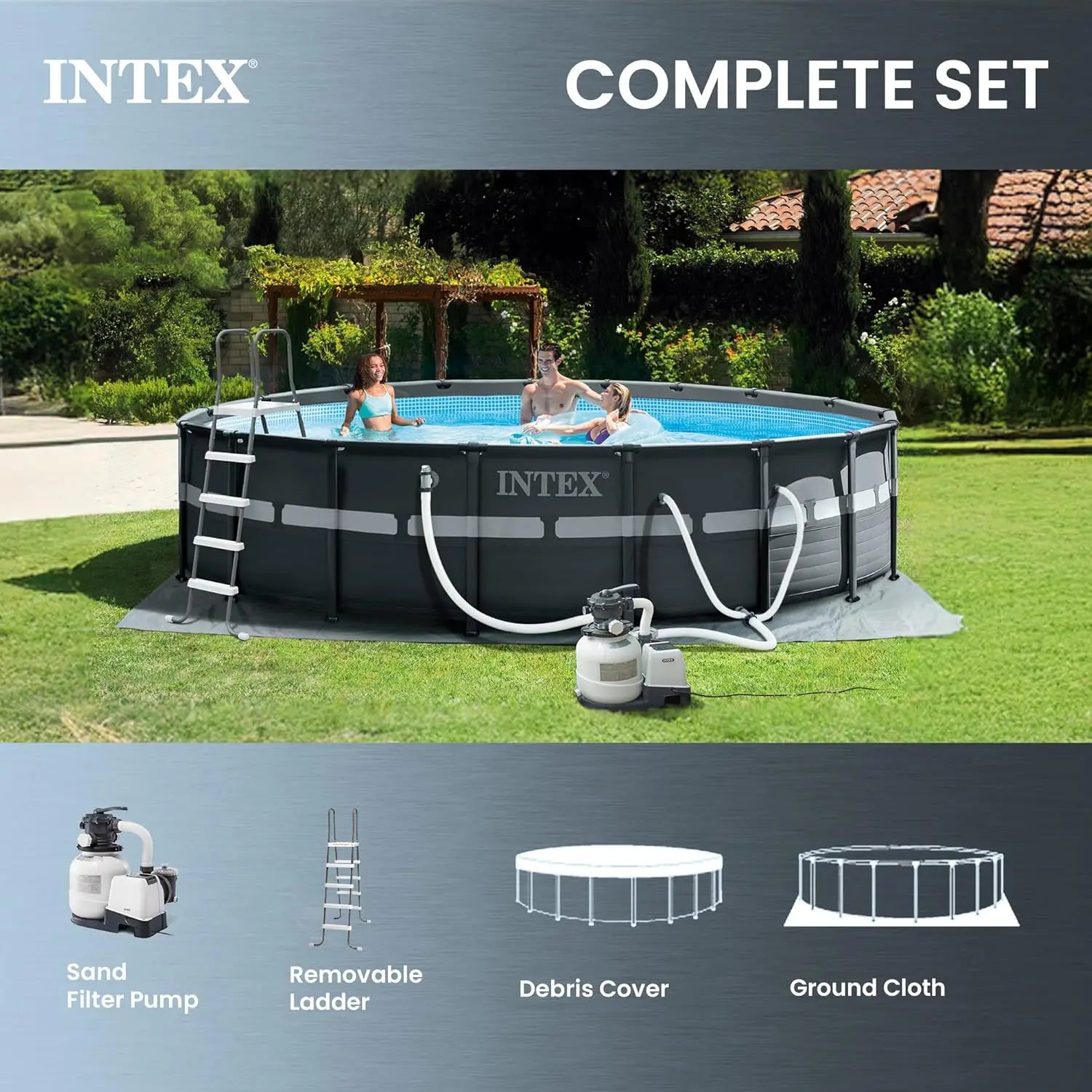 26329EH Ultra XTR 18ft x 52in Above Ground Swimming Pool Set with Sand Filter Pump and Cleaning Maintenance Kit, Custom Peaceful Pleasures Health and Wellness